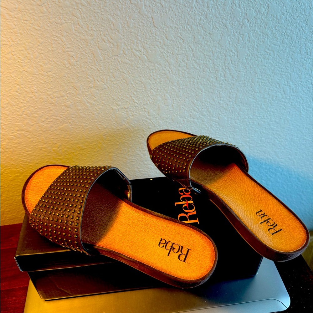 Reba Sandals, Brown, Leather, Studded Side Flat Slip On Shoes